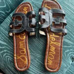 Sam Edelman Black Leather Slide Sandals with Brown Croc-Embossed Footbed